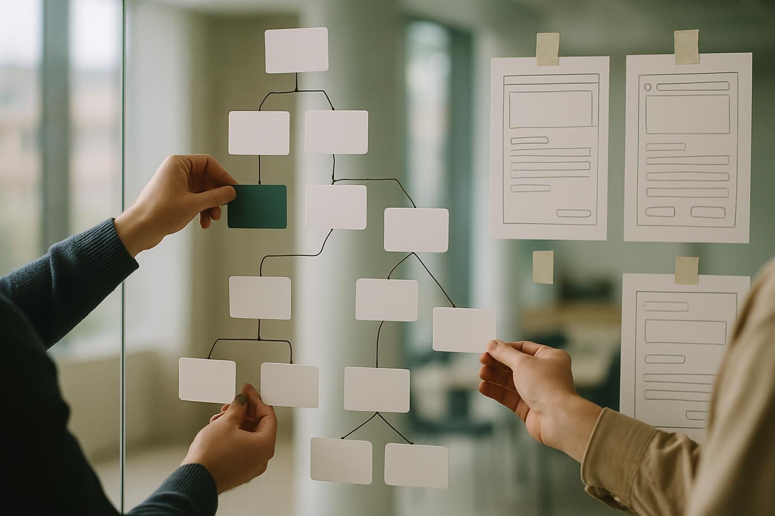Participants arrange business workflow cards beside paper software wireframes during a discovery workshop.