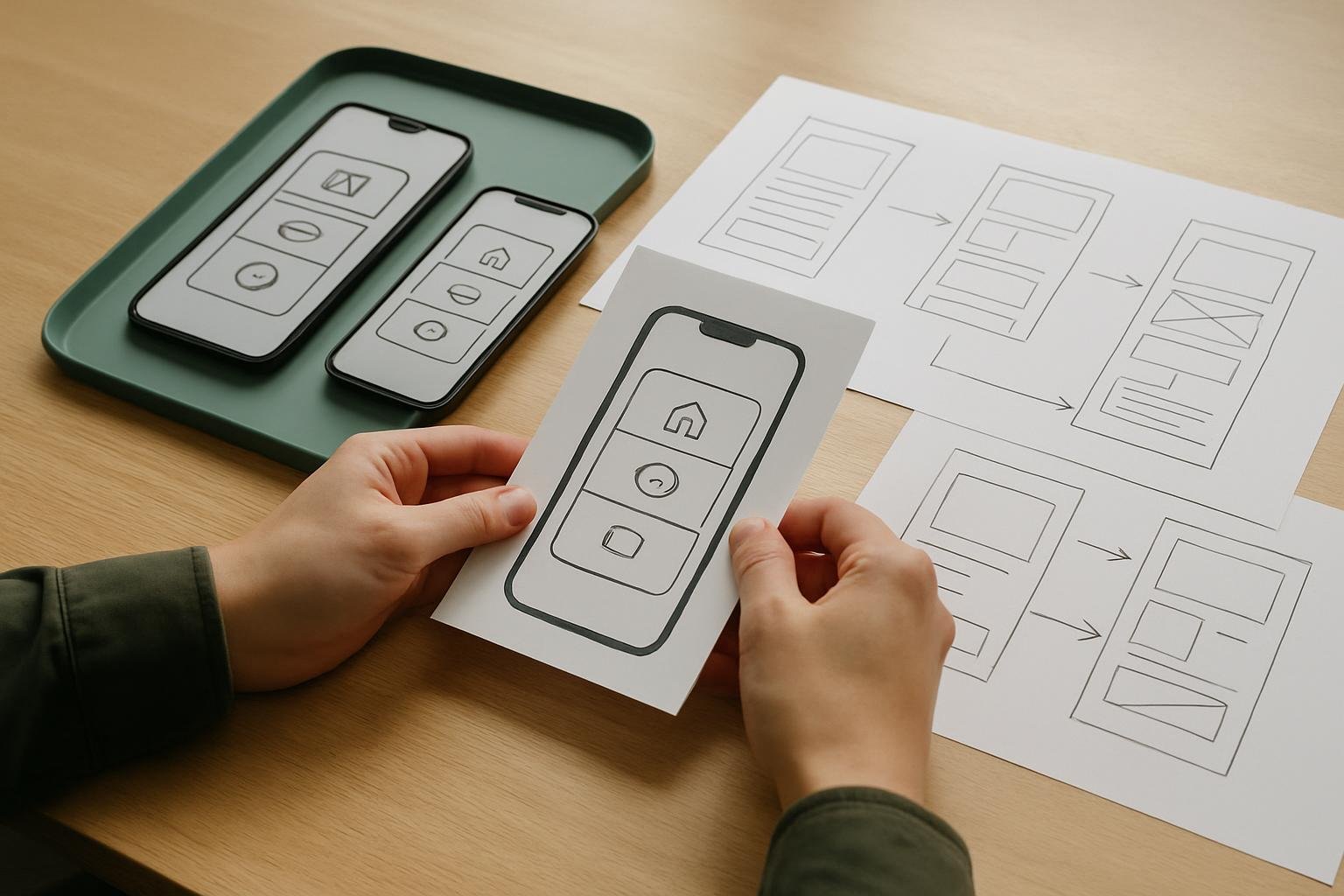 Hands reviewing paper app prototypes beside two smartphones displaying matching interfaces on a timber bench.