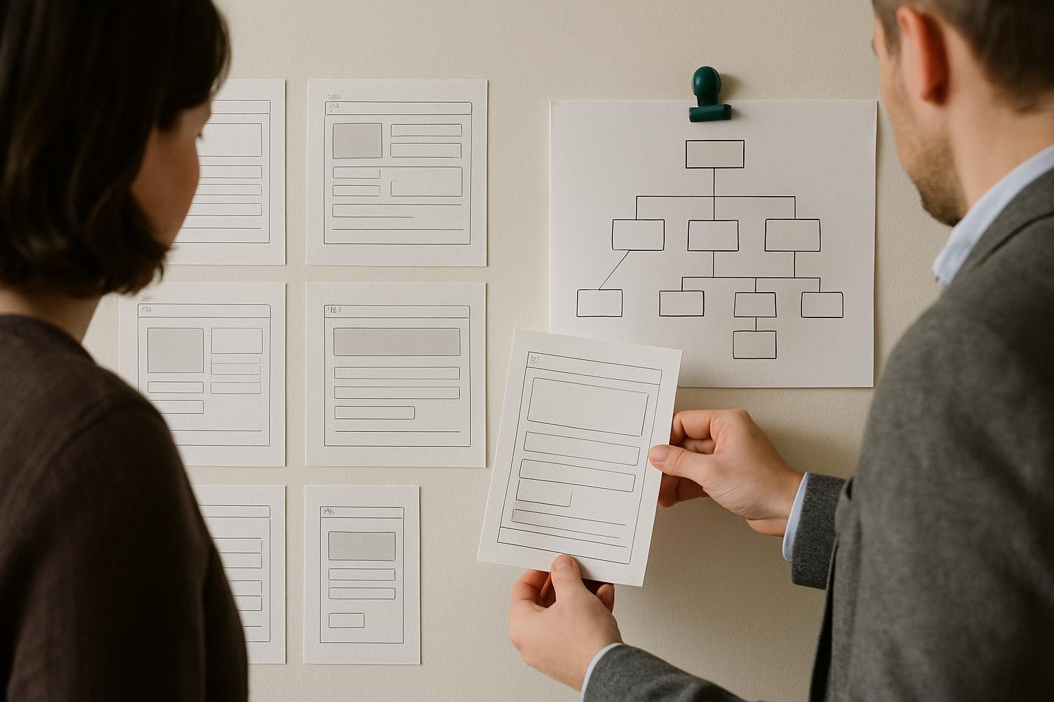 Hands reviewing application wireframes and a software architecture diagram on a project board.