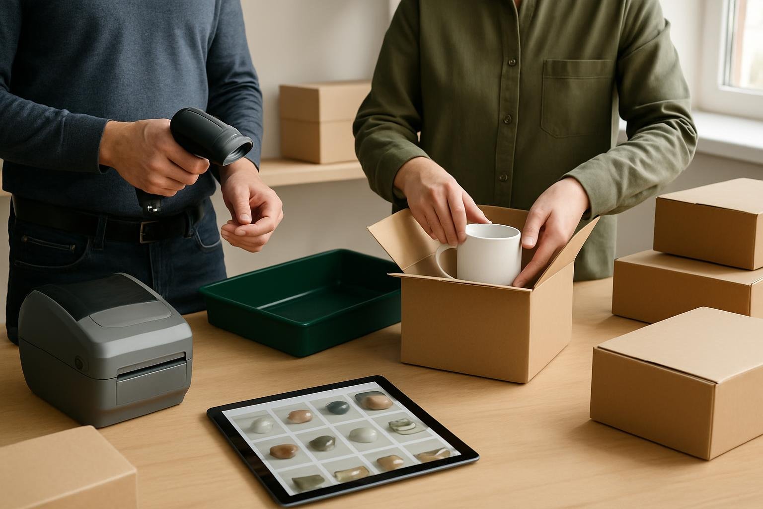 A technical specialist tests a barcode scanner beside an online retailer packing a ceramic mug.